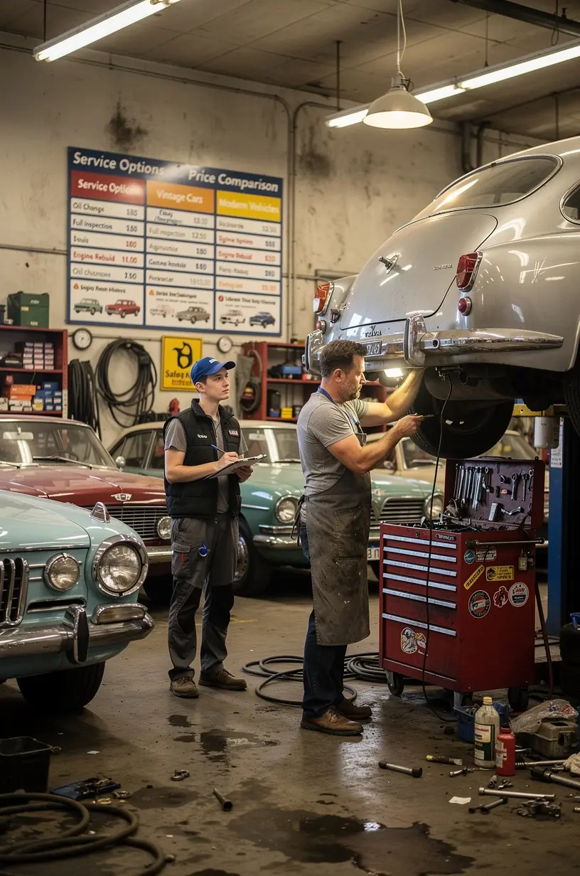 Porovnanie cenníkov opráv rôznych autodielní na obrazovke počítača.
